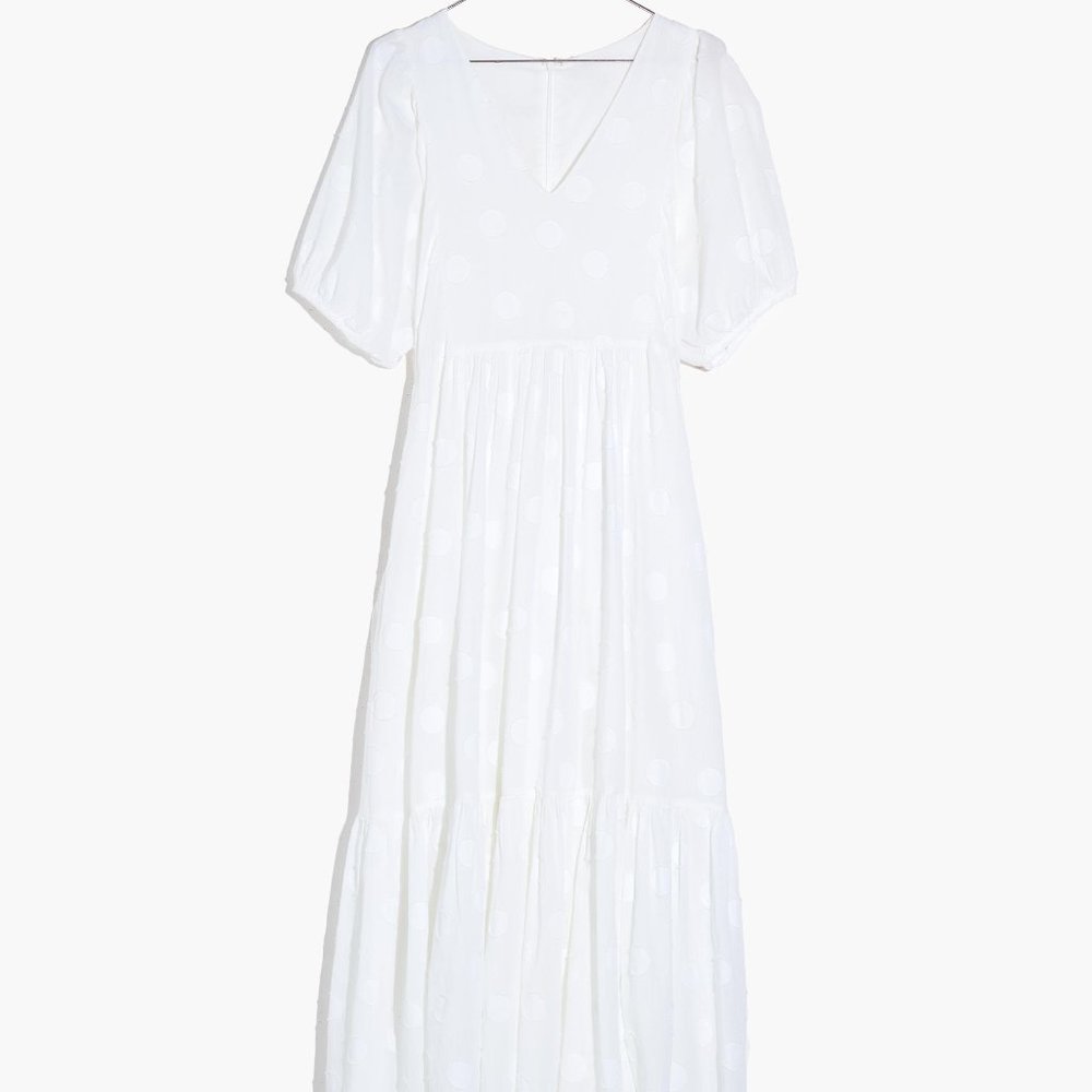 NWT - BRAND NEW - Dot Jacquard Puff-Sleeve Tiered Midi Dress - White - Size XL